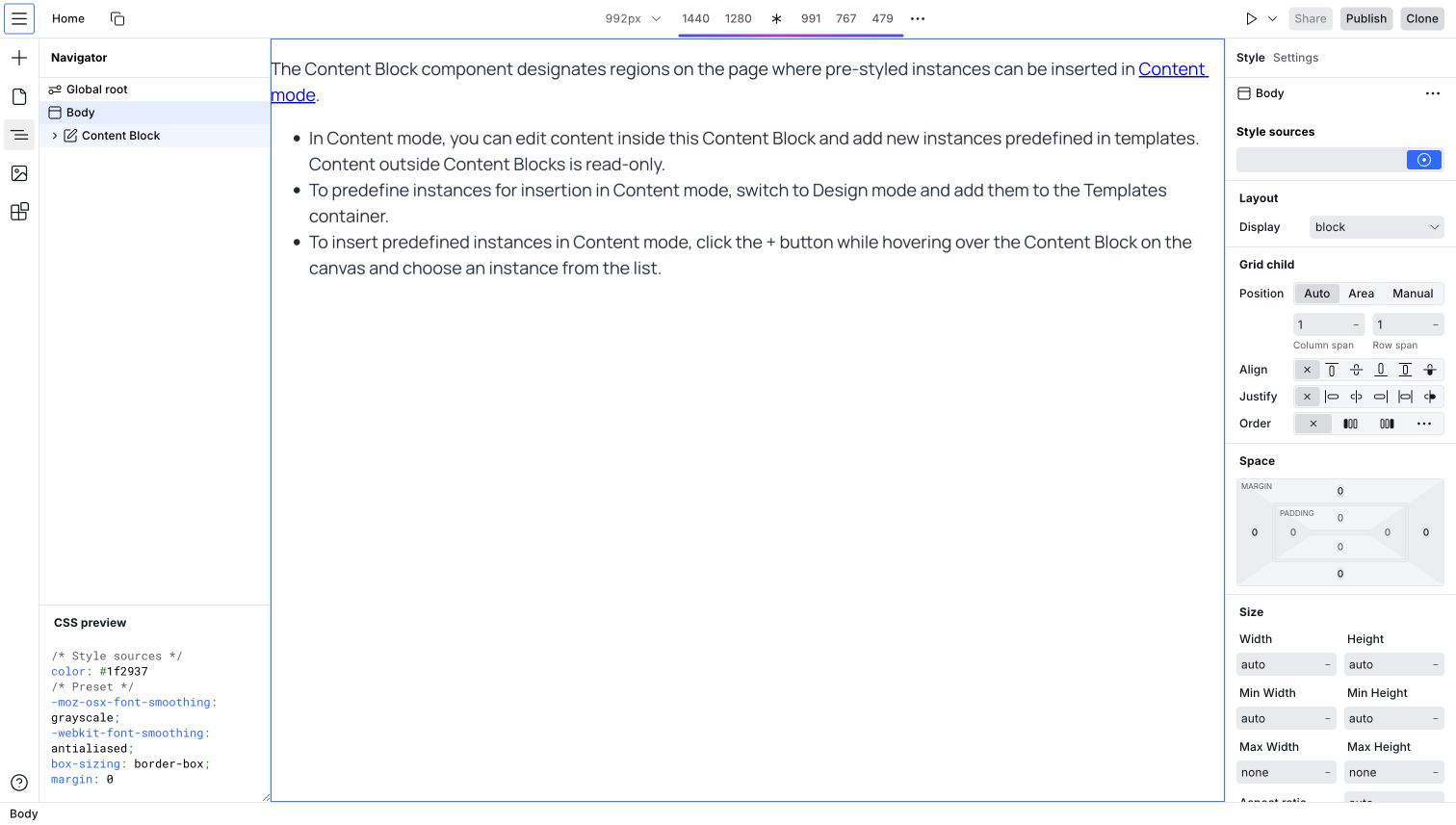 Webstudio Builder with the Navigator on the left, canvas in the center, and Style panel on the right
