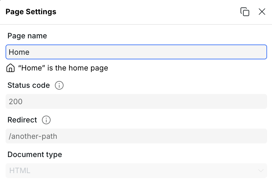 Page settings panel showing Page name, Path, Status code, Redirect, and Language fields