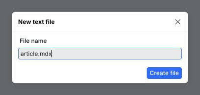 New text file dialog with article.mdx entered in the filename field