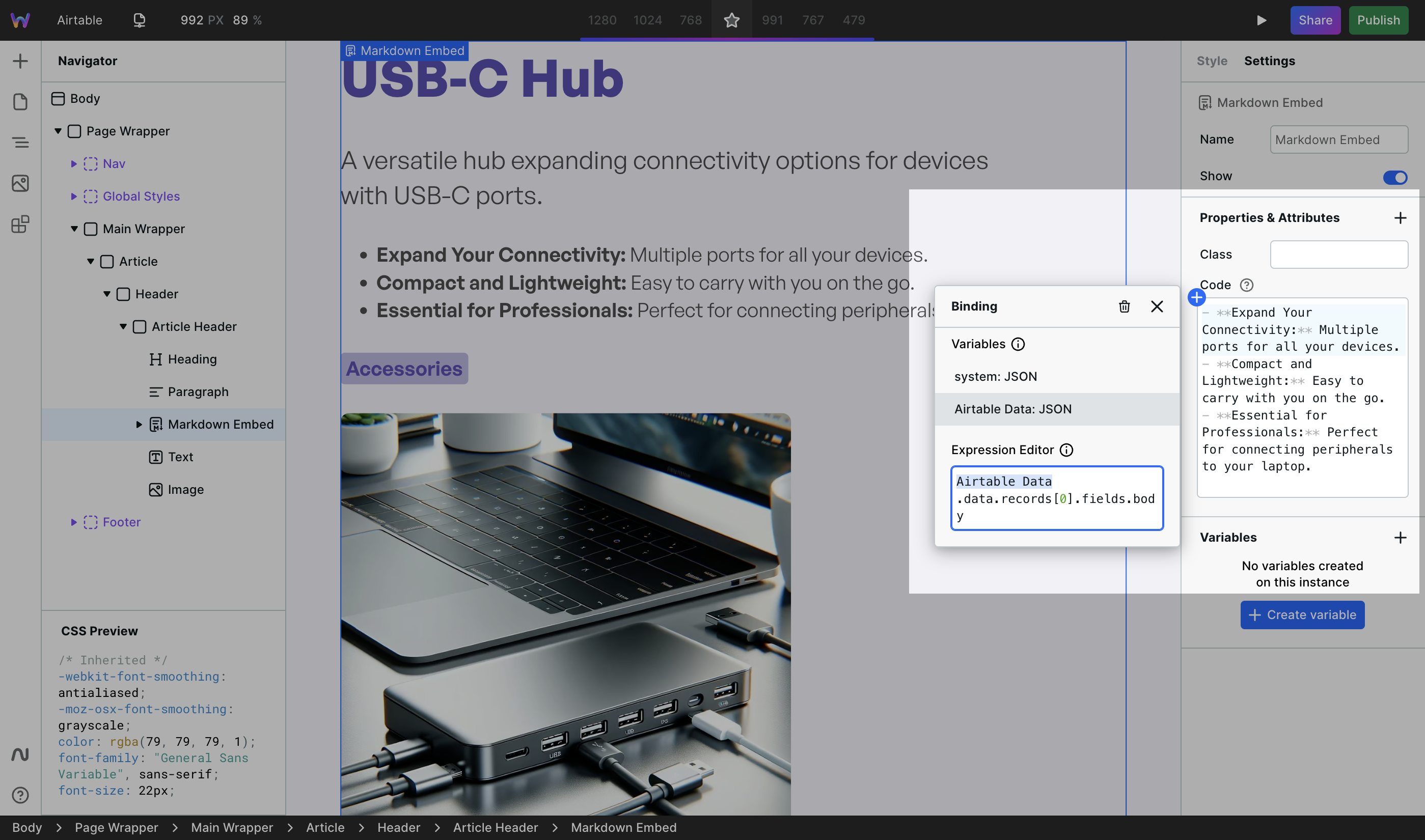 Markdown bound to Markdown Embed component
