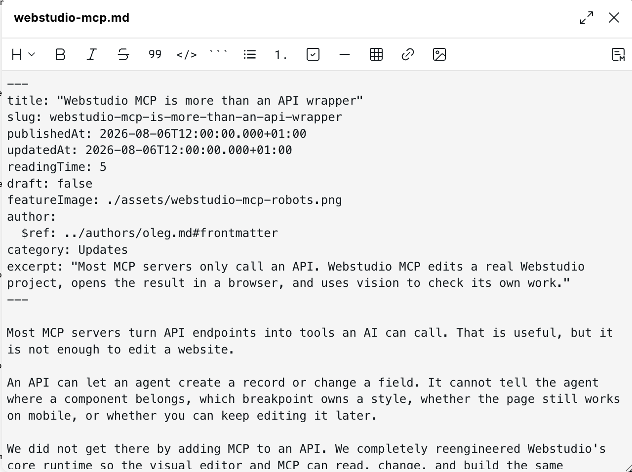 Markdown editor showing article frontmatter and body