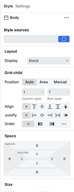 Style panel showing style sources, layout, grid child, spacing, and size controls