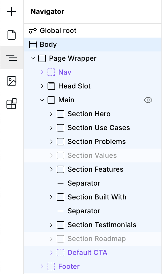 Navigator panel showing a tree of instances