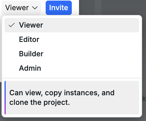 Workspace role selector open with Viewer, Editor, Builder, and Admin options