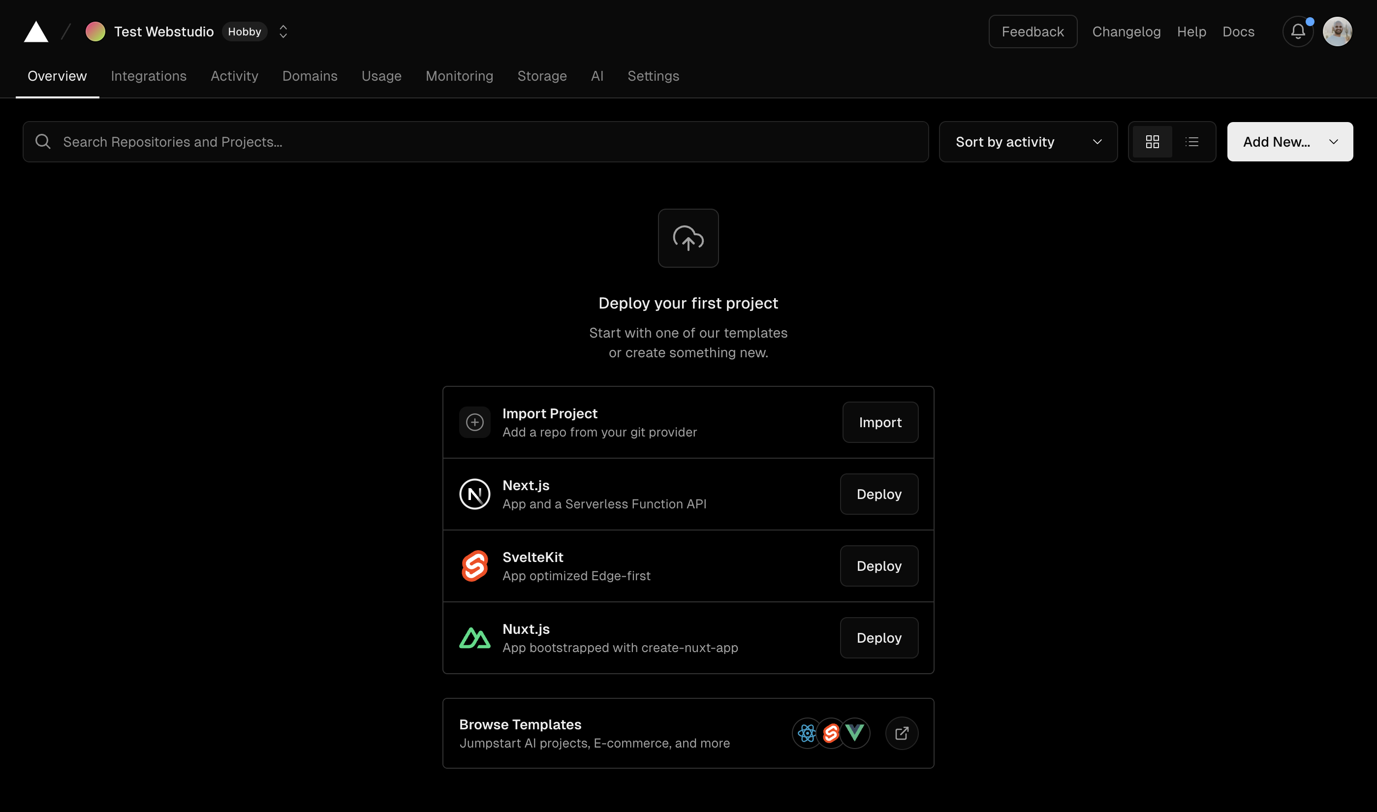 Vercel add new project dashboard