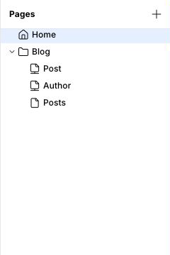 Pages panel with Home and an expanded Blog folder containing Post, Author, and Posts pages