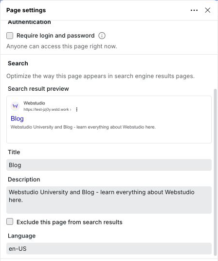 Page settings Search section with the Webstudio W favicon in the result preview, the Blog title and description, search visibility, and en-US language fields