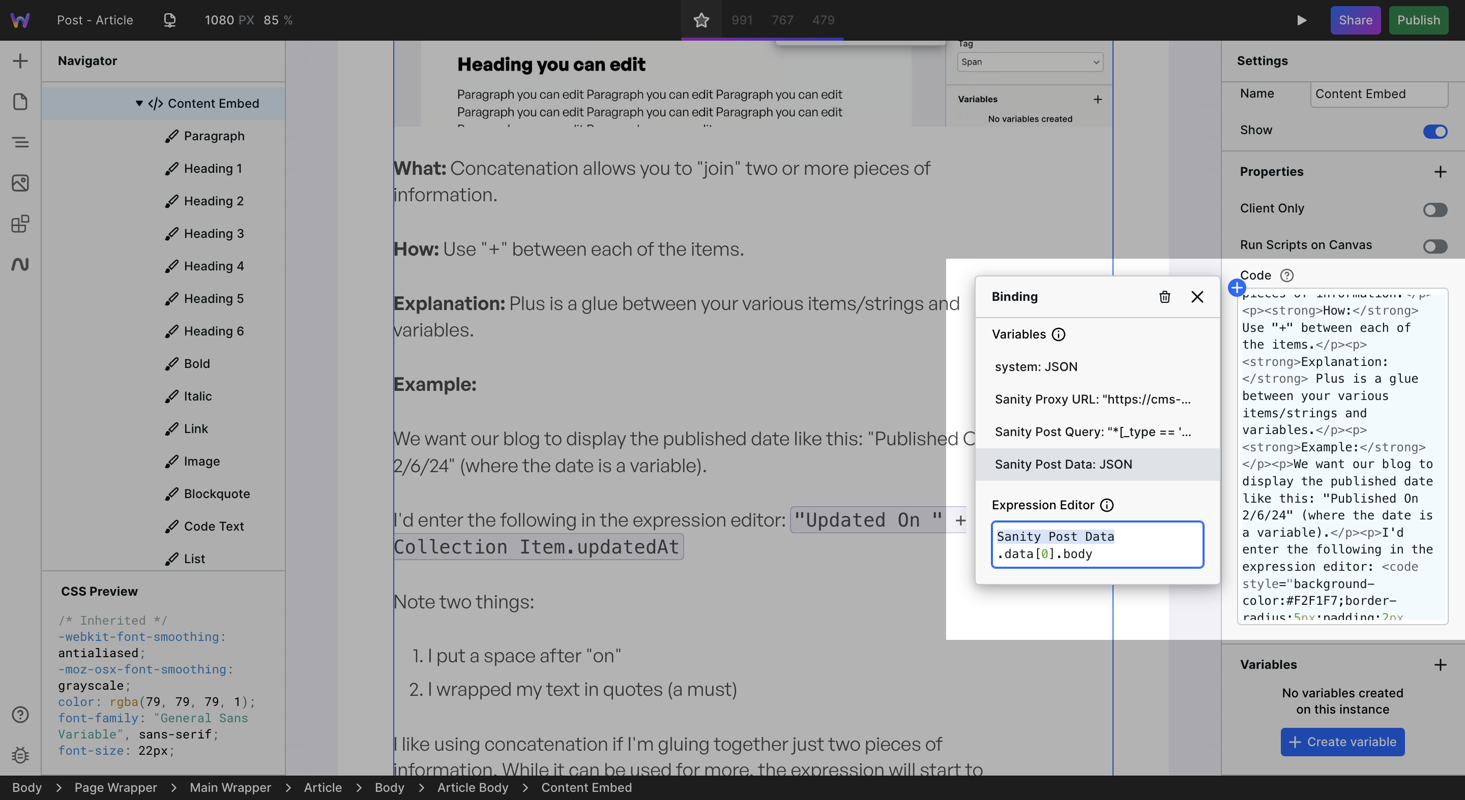 HTML bound to Content Embed component