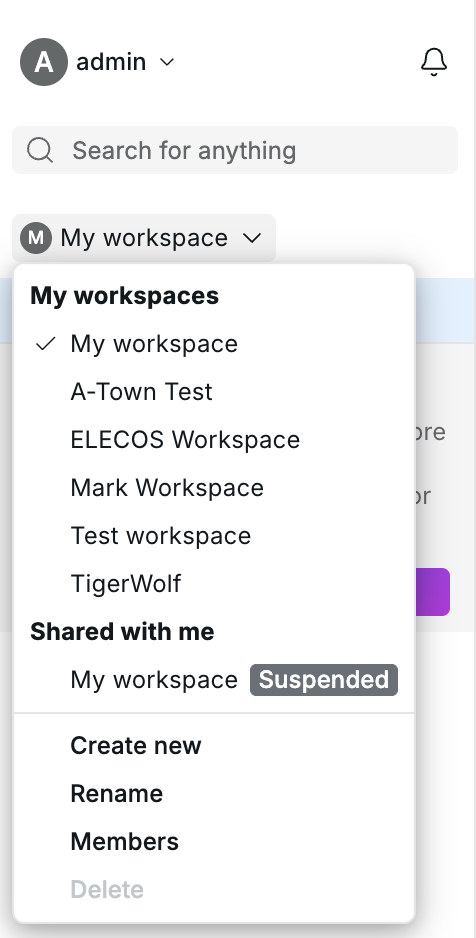 Workspace selector open in the Dashboard sidebar
