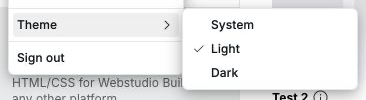 Dashboard profile menu with the Theme submenu open and System, Light, and Dark options visible