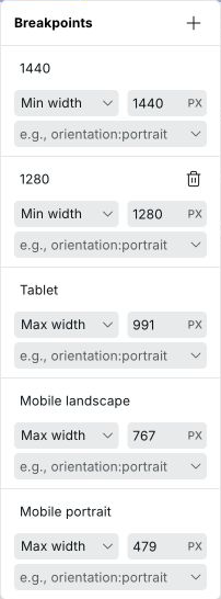 Breakpoints dialog showing names, minimum or maximum widths, and custom conditions