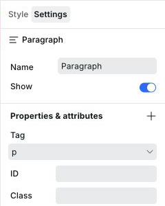 Settings panel for a paragraph element with Name, Show, Tag, ID, and Class controls