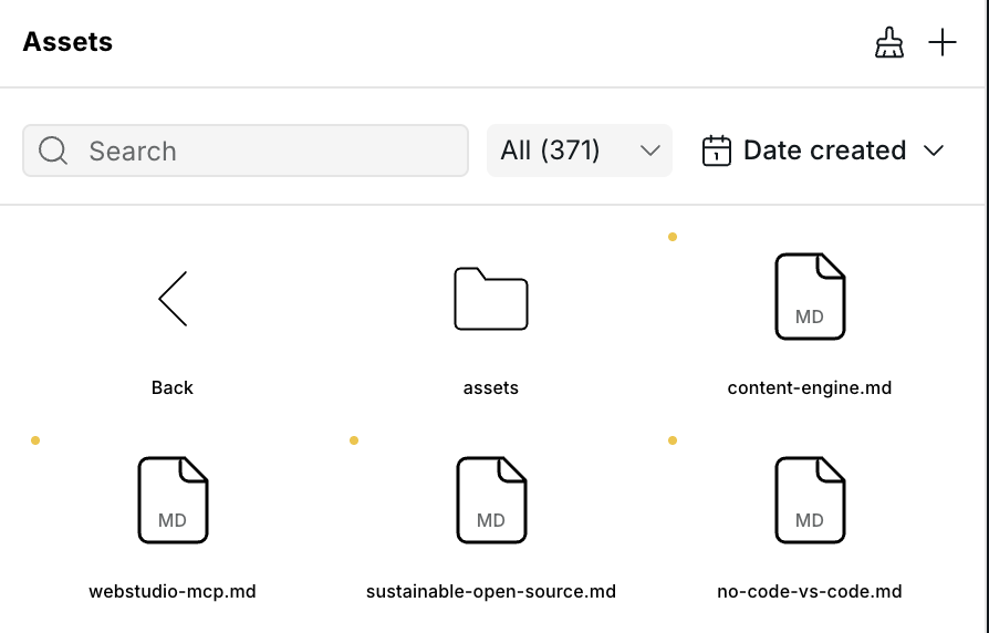 Assets panel showing Markdown articles and their assets folder
