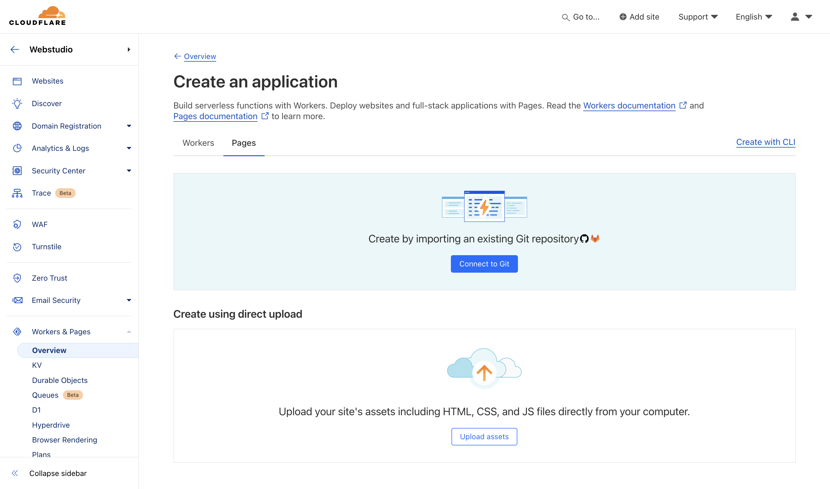 Cloudflare Pages new project dashboard