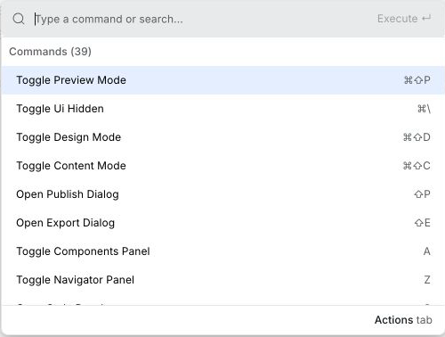 Commands and search dialog listing Builder commands and their keyboard shortcuts