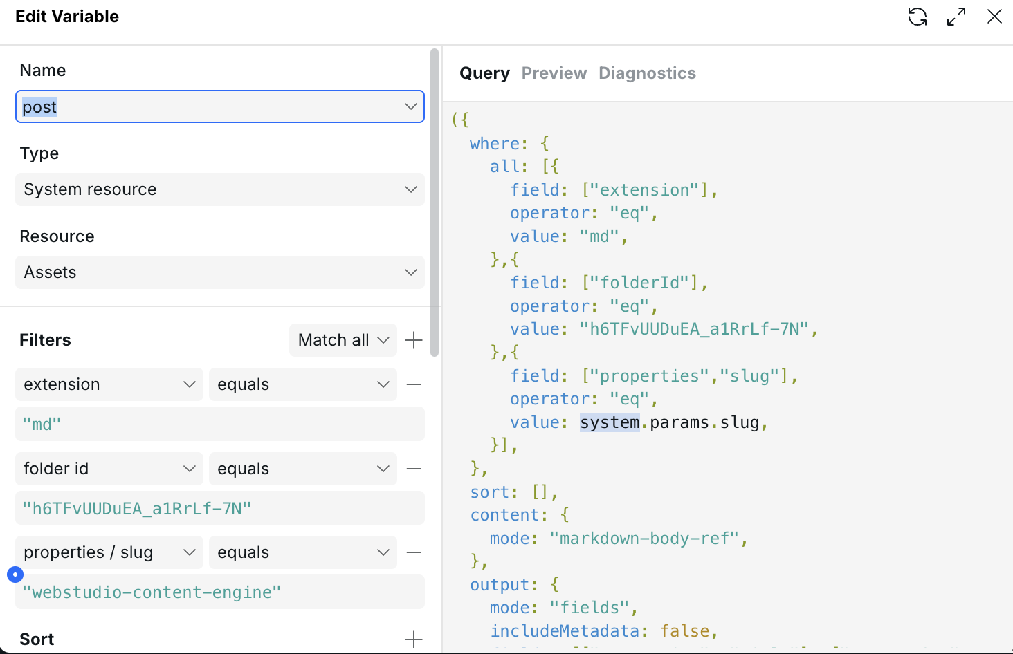 Assets resource filtering one Markdown article by folder and the dynamic page slug