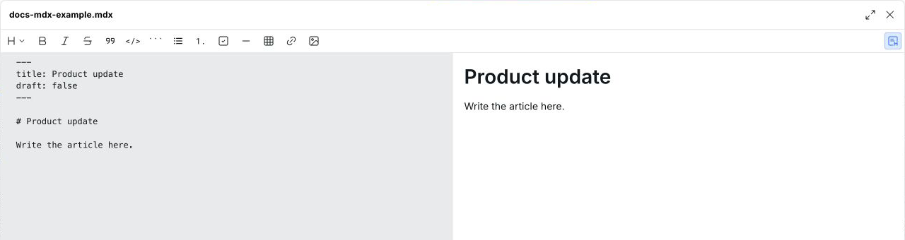 MDX editor showing frontmatter and Markdown source beside the rendered preview