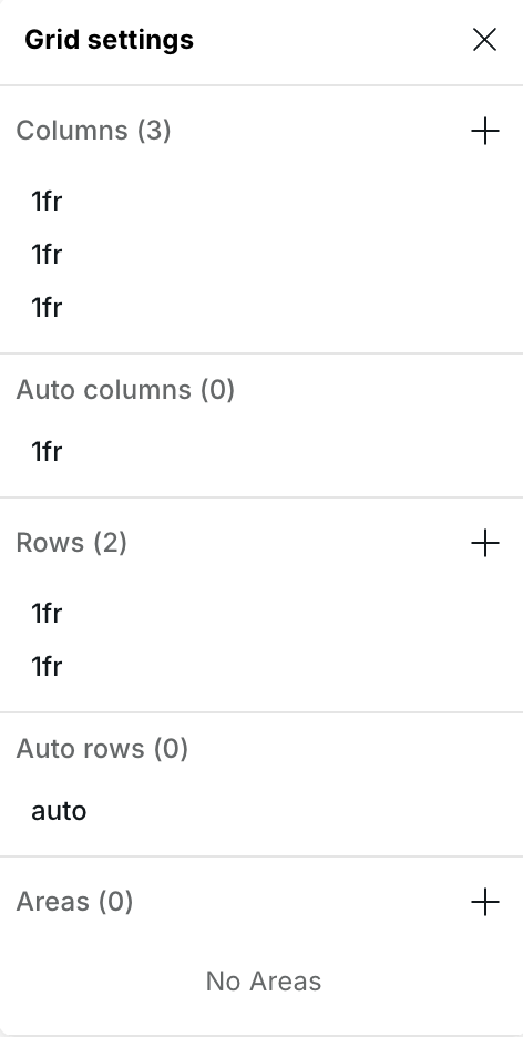 Grid Settings panel with column and row tracks