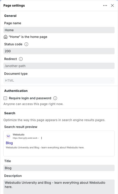 Page settings for the Home page with general and authentication fields above a search preview showing the Webstudio W favicon