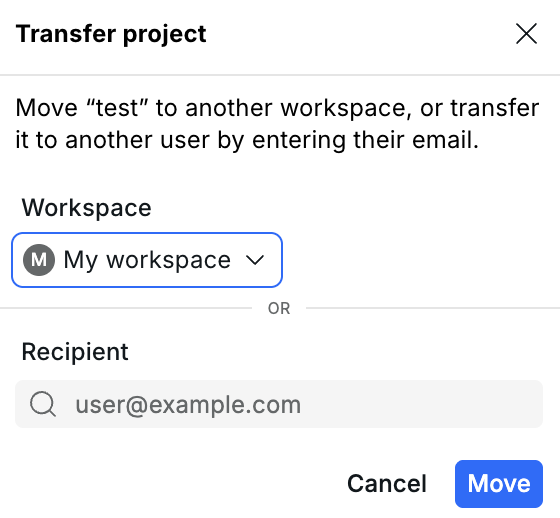 Project transfer dialog with workspace selector and recipient email field