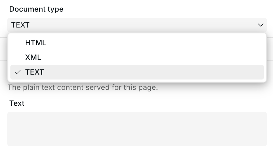 Page Settings showing Document type set to TEXT and the Content section with a plain text field