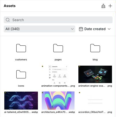 Assets panel with search, filter and sort controls above folders and files