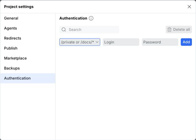 Project settings Authentication section with route, login, password, and Add controls