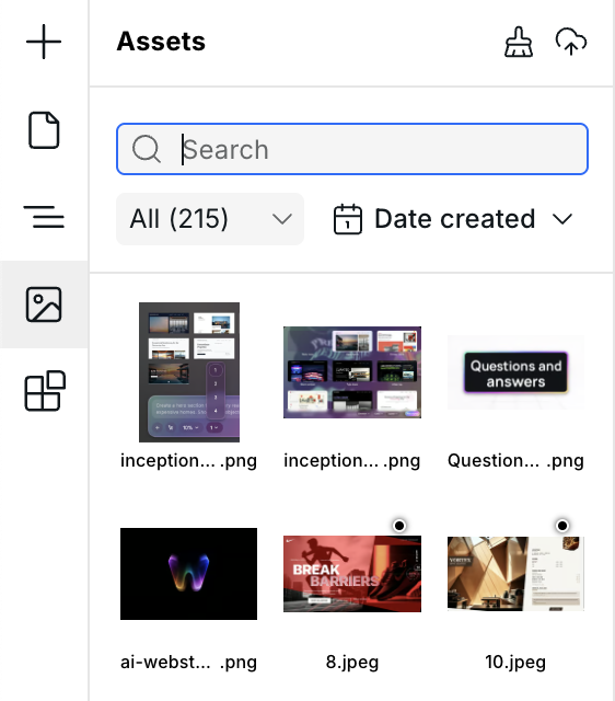 Assets panel showing uploaded images with search and filter controls