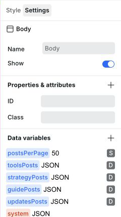 Settings panel with instance properties and a Data variables section listing static and dynamic variables