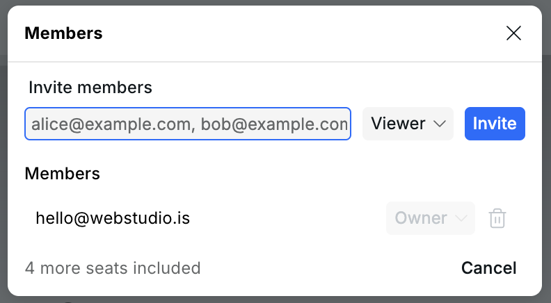 Workspace Members dialog showing invite field, role selector, member list, and included seats