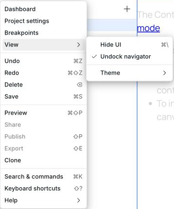 Builder menu with the View submenu open and Hide UI available with its keyboard shortcut