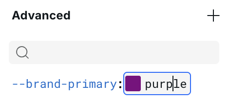 CSS variable defined in the Advanced section with a name and value