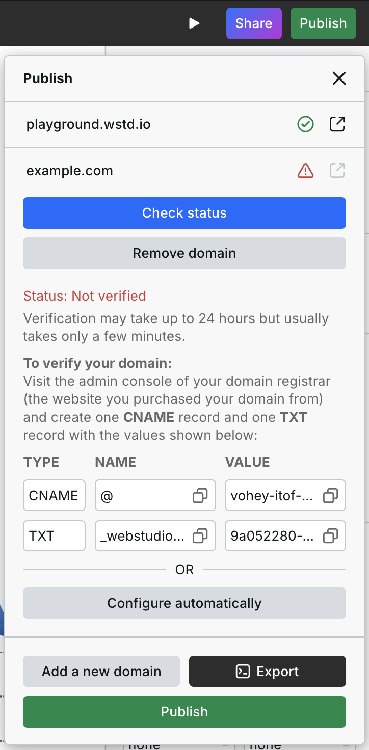 CNAME and TXT records for a new custom domain