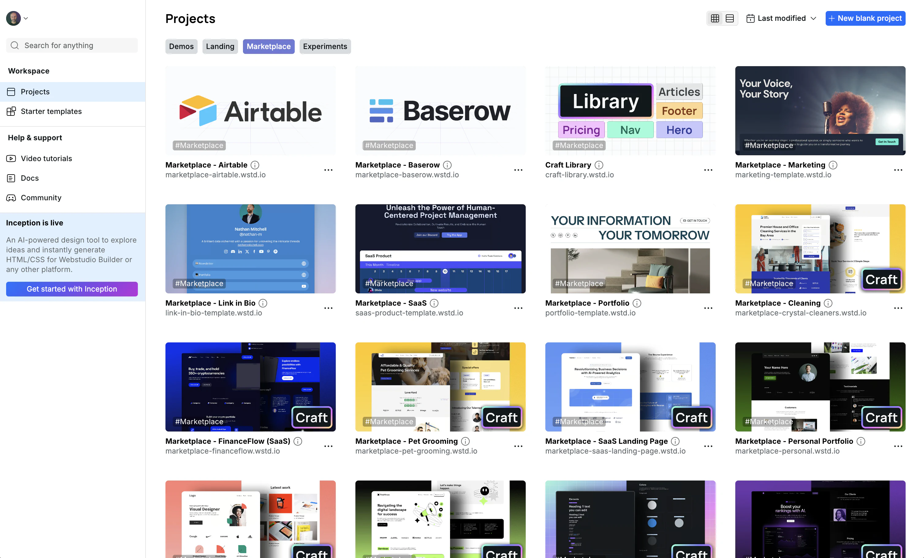 Webstudio dashboard showing project cards