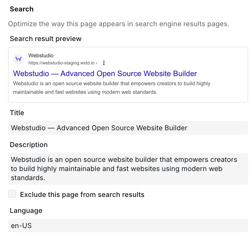 SEO section showing Title, Description, Exclude from search, and search result preview