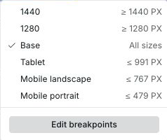 Breakpoint menu listing desktop, tablet, and mobile breakpoint conditions