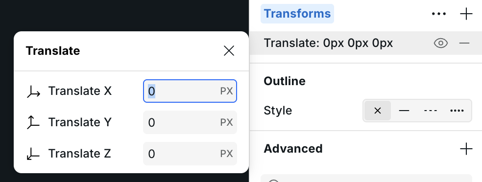 Transforms section in the Style Panel with a rotate transform added