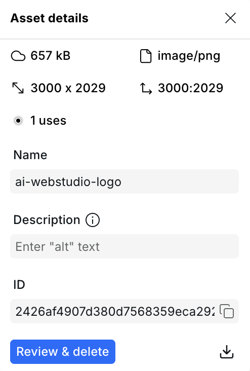Asset detail panel showing name, description, dimensions, MIME type, uses, and ID