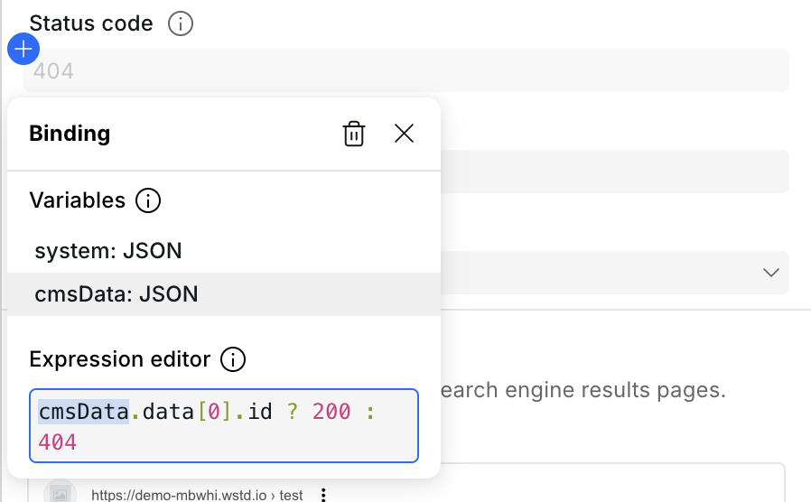 Status code field in Page settings with an expression bound