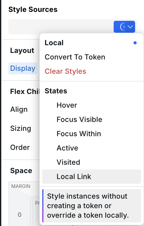 Style sources showing the current-page state for a local link