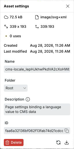 Asset settings showing file size, type, dimensions, usage count, dates, name, folder, description, and ID