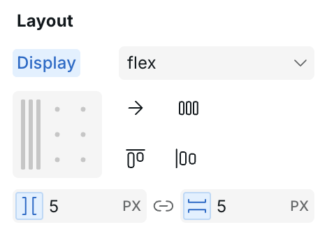 Layout section in the Style Panel showing display mode and flex controls
