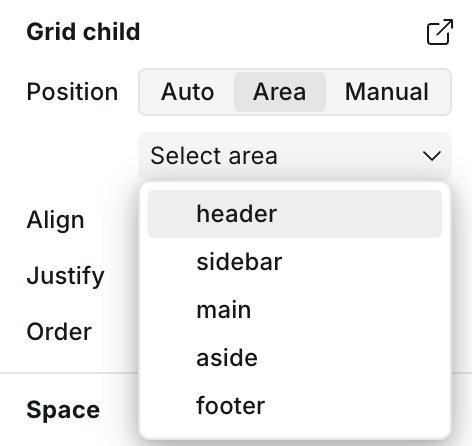 Grid Child in Area mode with area dropdown