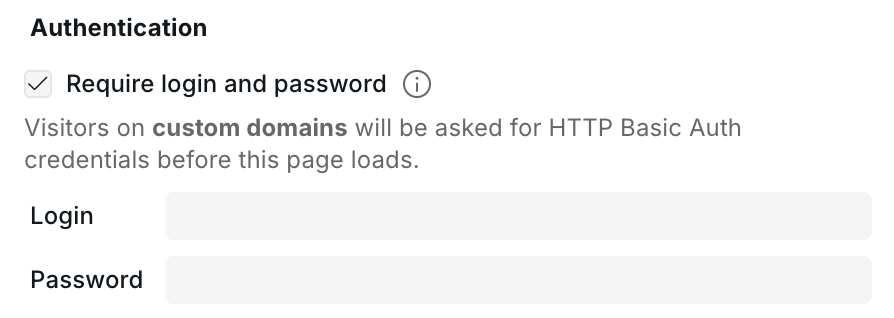 Page Settings Authentication section enabled with Login and Password fields