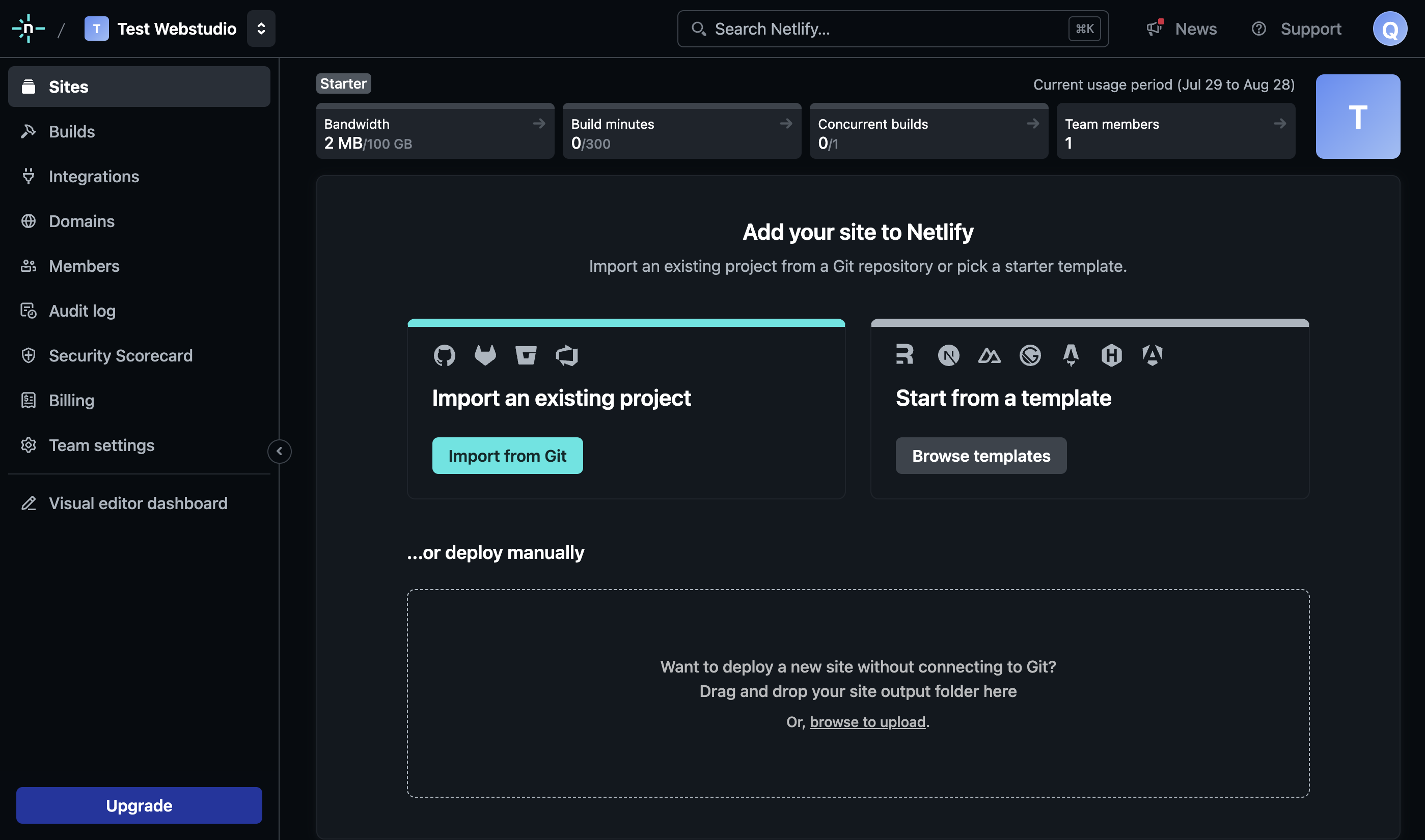 netlify new site dashboard