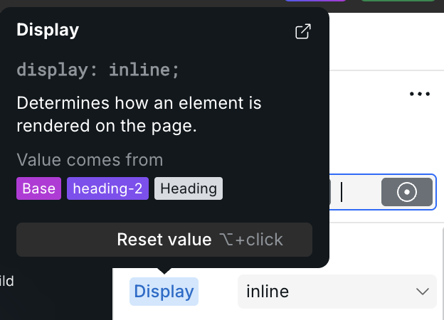 Style property tooltip identifying the breakpoint, Token, and instance that provide the value