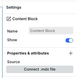 Content Block settings with Connect .mdx file under the Source property