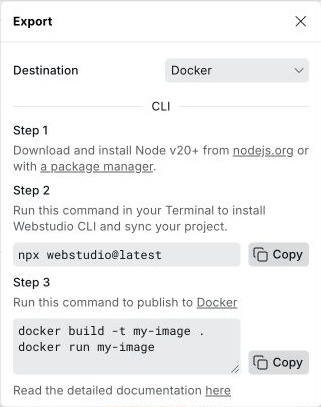 Export dialog with Docker selected and CLI setup and deployment commands