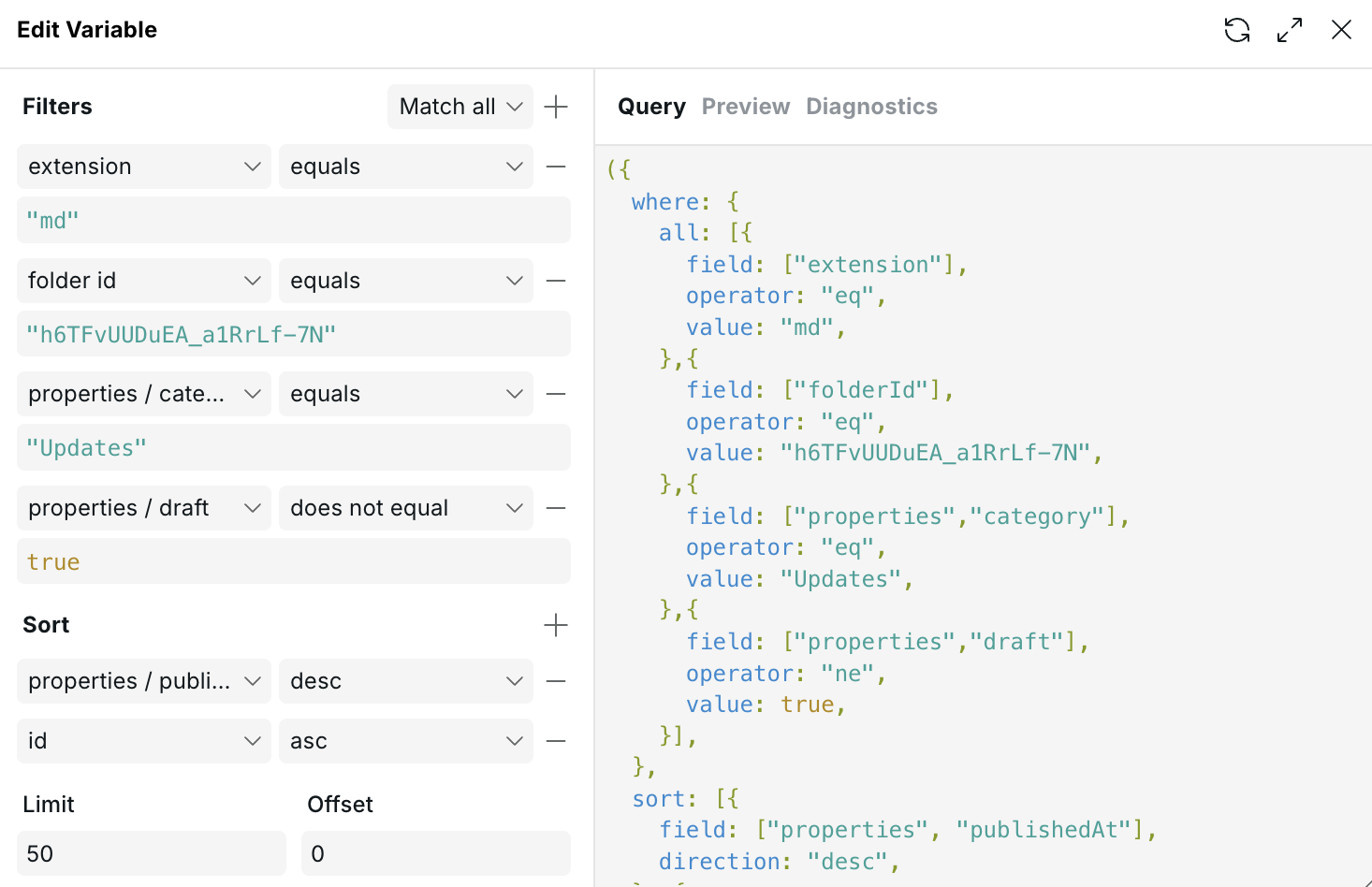 Assets overview query filtering Markdown files and drafts, then sorting by publication date and ID